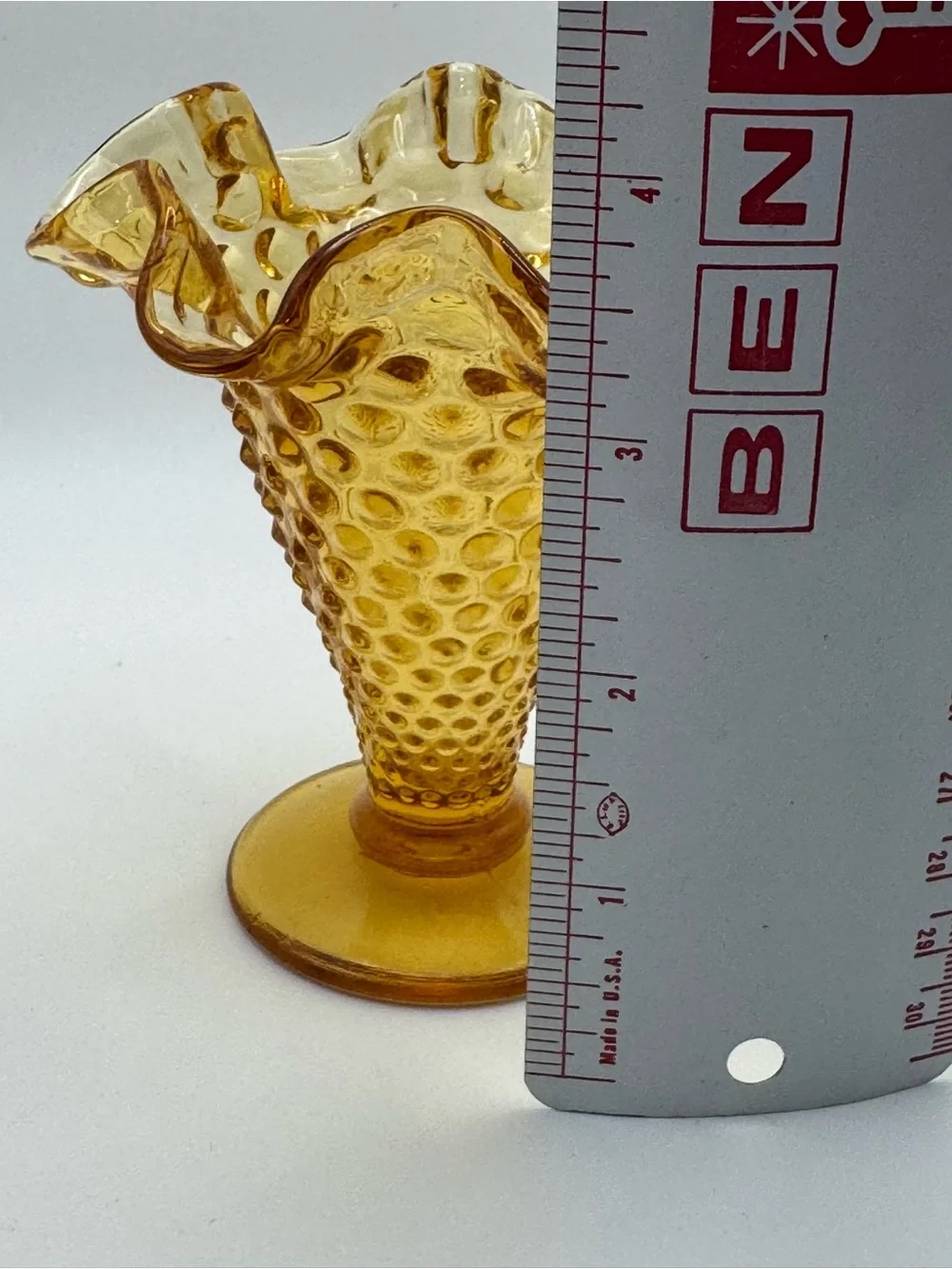 Vintage Fenton Amber Hobnail Mini Ruffled Vase Crimped Rim USA